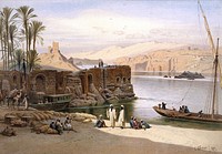 Egypt: the Nile at Aswān. Colour lithograph by G. Seitz, ca. 1878, after Carl Werner, 1871.