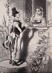 A young man stands on a barrel to reach the girl at the window and to hand her flowers and serenade her with his guitar. Etching.