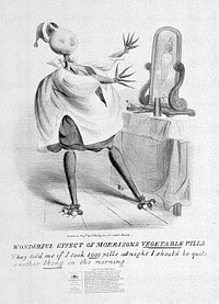 A person discovering that they have been transformed into several kinds of vegetables the morning after taking J. Morison's vegetable pills. Coloured lithograph.