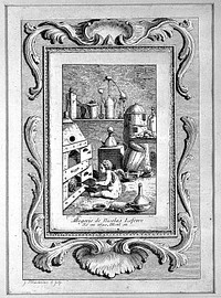 An infant blowing bellows into a furnace; allegory of the role of N. Lefevre in chemistry. Etching by J-G. Blanchon, 18th century, after Parisot.