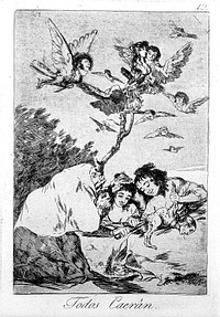 Two young women pluck a bird which has a man's head, while an old woman prays. Etching by F. Goya, 1796/98.
