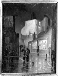 A street at night with a pharmacy. Oil painting by an English painter, ca. 1900.