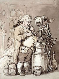 Death as an apothecary's assistant making up medicines with a mortar and pestle for the apothecary attending a female patient who sits by the fireside. Watercolour by T. Rowlandson or one of his followers.