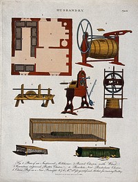 Agriculture: a plan for an improved dairy, dairy paraphernalia, and an artificial incubator for newly-hatched chicks. Coloured engraving by J. Pass, 1810.