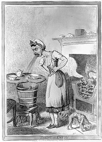A woman holding her stomach and vomiting into a bucket after self administering an emetic. Coloured etching by I. Cruikshank, 1800.