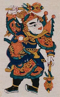 A Chinese talisman featuring a warrior with a mace in each hand. Colour woodcut by a Chinese artist.