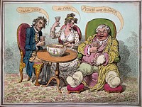 Three people drinking punch as a cure for (right to left) gout, colic, and phthisis. Coloured etching by J. Gillray, 1799.