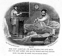 A man visiting a health resort is being woken up by a man who is opening a window; bath tub in the foreground, snow outside. Etching, May 1870.