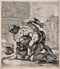 Wrestlers. Etching by F. Perrier.