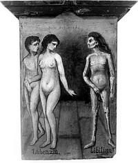 A man and a woman (left), with death (right). Oil painting by Summonte, 18--.