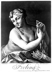 A woman feeling the tip of an arrow with her finger; representing the sense of touch. Mezzotint by A. van Haecken after J. Amigoni.