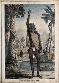 A sadhu with raised arm and overgrown fingernails, Calcutta, West Bengal. Coloured etching by François Balthazar Solvyns, 1799.