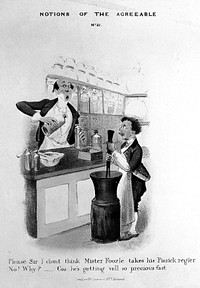 A pharmacist and his apprentice - the apprentice points out that a customer can't be taking his medicine because he is getting better quickly. Coloured lithograph, c. 1840.