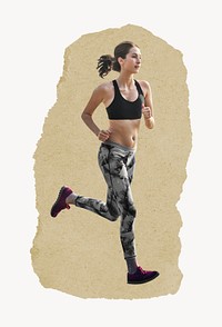 Jogging woman, ripped paper collage element