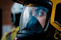 Woman wearing protective helmet, February 18, 2021, Cheshire, UK. Original public domain image from Flickr