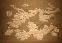 Large crowd of white rabbits sitting and hopping among grasses. Original from the Minneapolis Institute of Art.