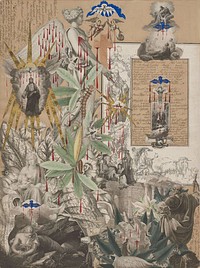 paper collage with red blood drips and blue and gold birds; mostly black and white engravings with colored plants, foliage, and insects at left center and LRQ; imagery includes reclining reading woman with skull in LLC with blue and gold bird with blood drips above her and a butterfly on her head, crowned figure reading in a chariot pulled by a goat with a putto at LRQ, two armed angels with bird above them at top center, text written vertically in ULC, and Jesus in clouds with gold rays in ULQ; received in a medium toned wood frame. Original from the Minneapolis Institute of Art.