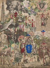 paper collage with red crosses and blood drips; mostly black and white engravings with colored flowers, foliage, grapes, and snake; imagery includes figures flanking a blue decorative shield with gold crosses and text in LRQ, dead clergyman lying in state in LRC with crucified Christ above his face, figure on a bull at LLC, Classical man with a hole torn in his PL abdomen with a snake entwining his legs, Christ with a snake and flowers in ULQ, skulls with Mary Magdalene and Jesus in URQ; received in a medium toned wood frame. Original from the Minneapolis Institute of Art.