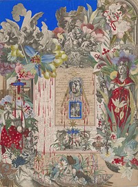 paper collage with red crosses and blood drips; mostly black and white engravings with blue ground in ULC and colored flowers and leaves around edges; imagery includes reclining reading woman at bottom center with a large brown butterfly on her head, Classical female figures at left and right (figure at left seated, figure at right standing) wearing red garments with gold stars, central Sacred Heart with bird, gold rays and stars and figure of Jesus with the money changers, large angels descending from clouds in ULC; received in a medium toned wood frame. Original from the Minneapolis Institute of Art.