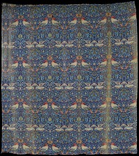 curtain, jacquard woven double cloth designed for his home at Kelmscott House; tones of blue with touches of fawn and red; pairs of birds face each other. Original from the Minneapolis Institute of Art.