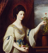 Portrait of Diana Mary Barker. Young woman turned three-quarters toward the spectator, with dark eyes straight ahead, raises left hand to pick a small pink flower growing in a pot; in the other, she holds some pink roses. Blue and gold striped ribbon, barely discernible, wound about dark hair. Fair complexion, aquiline nose. Greyish-tan dress, full elbow-length sleeves and undersleeves caught up with pearls and blue ribbon. Grey and gold striped scarf draped around neck; blue and gold striped belt with gold fringe. Double strand of pearls caught loosely about base of throat.. Original from the Minneapolis Institute of Art.