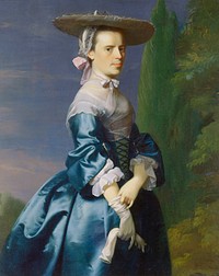 Three quarter-length portrait of a woman in a blue satin dress with broad flat hat, pulling on her glove.. Original from the Minneapolis Institute of Art.