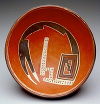 Round-bottomed bowl; red with serpent/bird in brown and white at interior; brown rim with white linear design on interior and white zigzag flanked by brown stripes on exterior. Original from the Minneapolis Institute of Art.