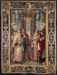 a piece from the cycle of ten tapestries woven for Marie de' Medici, The Stories of Queen Artemisia, based on an epic account by Nicolas Houel; woven in the Faubourg Saint-Marcel manufactory of Marc de Comans and Frauçois de las Planche; warp undyed wool, 7 ends per cm., weft dyed wool and silk, 24-36 ends per cm.. Original from the Minneapolis Institute of Art.