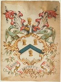 Crest (Watercolor) name of Beckett. The shield contains three shocks of grain, two in the upper and one in the lower half, separated by a triangle band of azure, and is surmounted by a closed, side-faced helmet in blue and gold, which is in turn surmounted by a shock of grain. The helmet flanked towards the top by two red plumes and towards the bottom by two green eagles. Shield formed by sheaves of brown leaves entwined with flowers, and on the scroll are the words Name of Beckett.. Original from the Minneapolis Institute of Art.