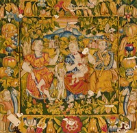 Cushion cover depicting Faith, Charity, and Hope, tapestry, Flemish XVIc cat. card dims W 20-3/4 x L 21-3/4'; originally one of a pair with 23.29.2, assumed to have been the top and bottom of a pillow. Original from the Minneapolis Institute of Art.