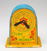 blue and yellow clock shape bank; clock face on one side, coin slot on the other; drawing of a child with dolls and buggy below slot, red flowers above;. Original from the Minneapolis Institute of Art.