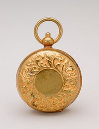 round, gold pocket watch; leaf motif around edges of cover; inside coin holder has head of a man. Original from the Minneapolis Institute of Art.