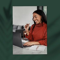 Happy businesswoman photo on a wall