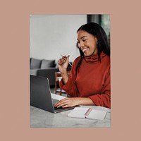 Happy businesswoman photo on a wall