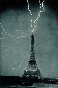 Lightning striking the Eiffel Tower, June 3, 1902, at 9:20 P.M. This is one of the earliest photographs of lightning in an urban setting In: "Thunder and Lightning", Camille Flammarion, translated by Walter Mostyn Published in 1906.