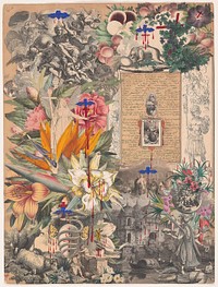 A Blood Collage: a collage comprised of black and white and colored prints of flowers and religious imagery, including the Hindu god Varaha at the lower right (ca. 1850-1860) by John Bingley Garland