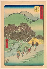 Minakuchi: Famous Pine Trees at the Foot of Mount Hiramatsu (Minakuchi, meisho Hiramatsu yama no fumoto) from the series 53 Stations of Tokaido by Utagawa Hiroshige