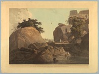 S.E. View of the Fakeers Rock In The River Ganges, Near Sultaungunge, from "Oriental Scenery: Twenty Four Views in Hindoostan" by Thomas Daniell, British, 1749 - 1840