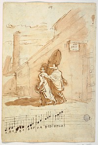 Recto: Three Musicians in Front of the Albergo Della Pace, 1810 by Felice Giani, Italian, 1758–1823