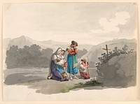 Woman with a Baby Praying Before the Cross Marking the Place Where Her Husband was Killed by Bartolomeo Pinelli, Roman, 1781 - 1835