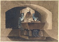 Sepulcher in Egyptian Style with Caryatids and a Lion by Louis-Jean Desprez