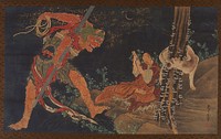 A Priest (Kōbō Daishi) practicing the Tantra, a demon before him, and a wolf behind by Katsushika Hokusai