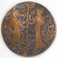 Medallion with man and woman holding standard