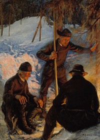 Lumberjacks around a campfire, 1893