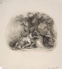 Rakastavaiset muhkuraisen tammen alla, vasemmalla ammuttu peura ja jousipyssy, 1853 - 1855 by Anders Ekman