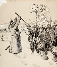 "jos en jaksa ma astuskella, pojat hoi, mua kannelkaa!". originaalipiirustus vänrikki stoolin tarinain kuvitukseen, 1897 - 1900 by Albert Edelfelt