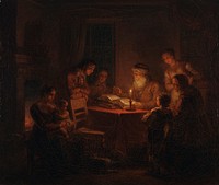 Jewish rabbi reading the bible to his family, 1816