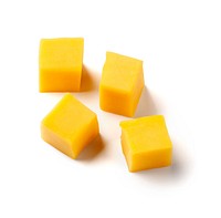4 chunks of cheddar cheese on white background (1/2 oz eq meat alternates).