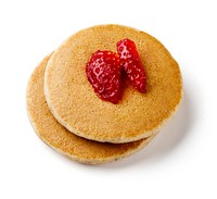 2 mini pancakes (1/2 oz eq grains) topped with two strawberry pieces.