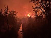 The McFarland Fire, near Shasta, California, burned actively at night. Original public domain image from Flickr